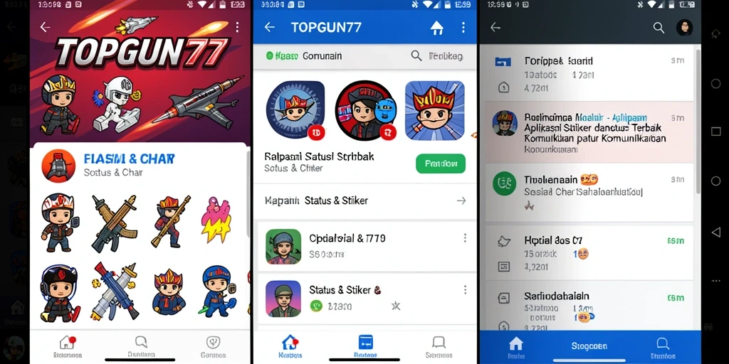 Antarmuka aplikasi TOPGUN77 dengan berbagai stiker dan status.
